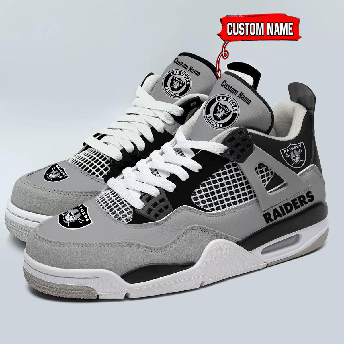 Sportswearmerch Las Vegas Raiders NFL Personalized AJ4 Sneakers Shoes For Men And Women