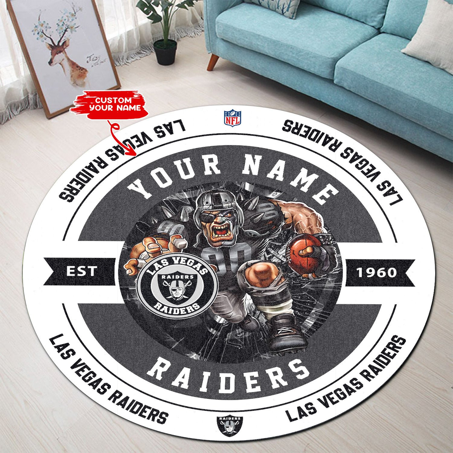 Sportswearmerch Las Vegas Raiders NFL Personalized Round Rug For Fan