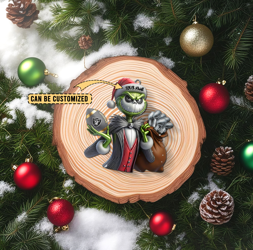 Sportswearmerch Las Vegas Raiders NFL The Grinch x Jack x Christmas Acrylic Ornament Gift For Fan