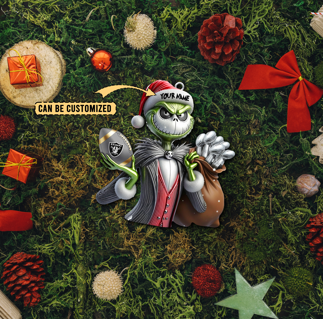 Sportswearmerch Las Vegas Raiders NFL The Grinch x Jack x Christmas Acrylic Ornament Gift For Fan