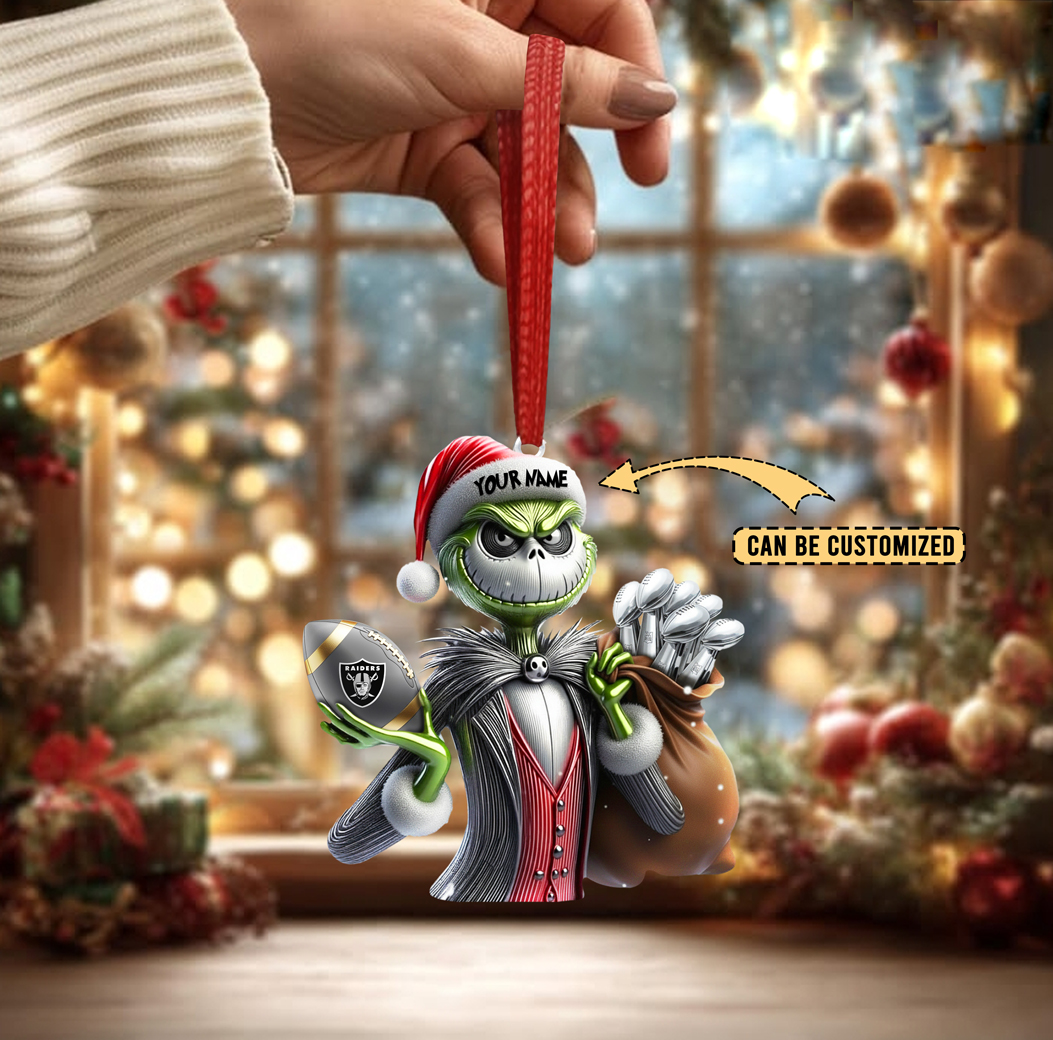Sportswearmerch Las Vegas Raiders NFL The Grinch x Jack x Christmas Acrylic Ornament Gift For Fan