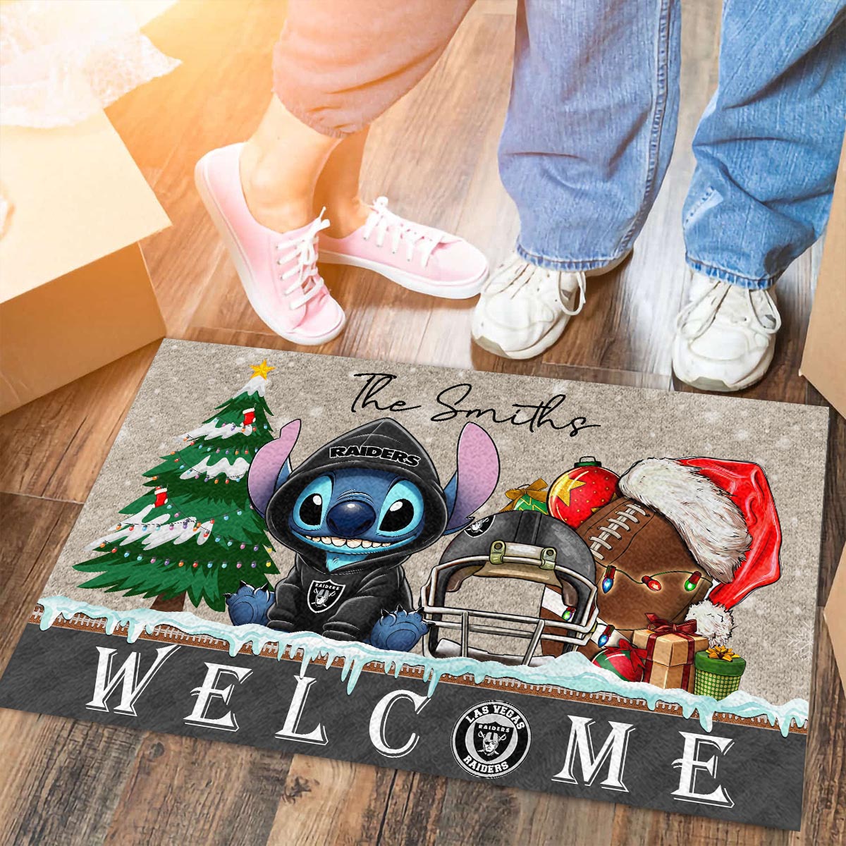 Sportswearmerch Las Vegas Raiders NFL x Cute Stitch Christmas Doormat For Fan