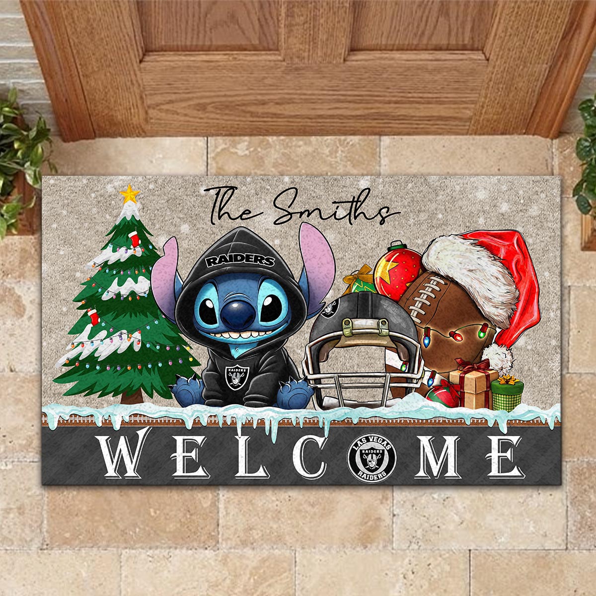 Sportswearmerch Las Vegas Raiders NFL x Cute Stitch Christmas Doormat For Fan