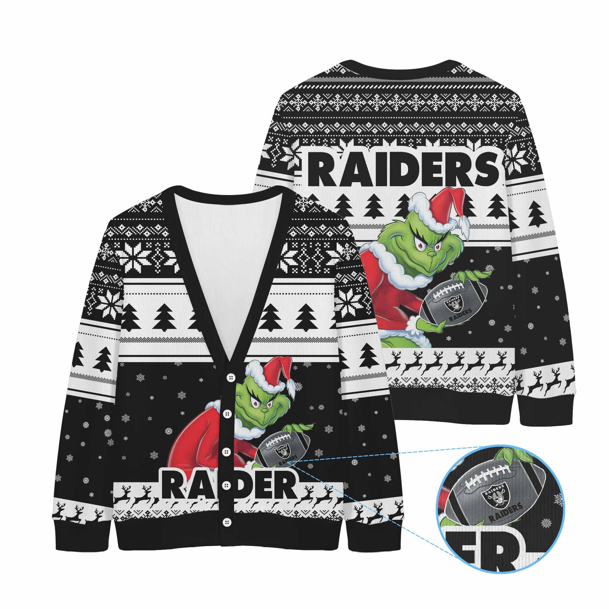 Sportswearmerch Las Vegas Raiders NFL x Grinch Christmas Cardigan For Fan