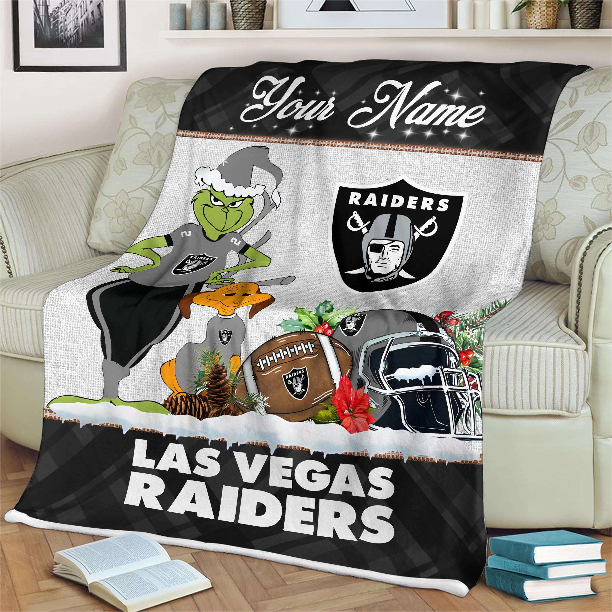 Sportswearmerch Las Vegas Raiders NFL x Grinch Christmas Fleece Blanket For Fan