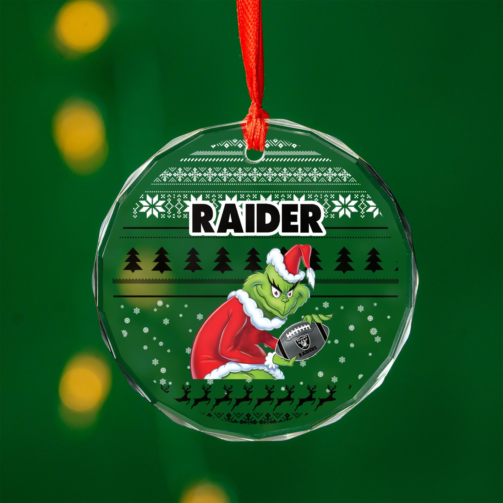 Sportswearmerch Las Vegas Raiders NFL x Grinch Christmas Glass Ornament For Fans