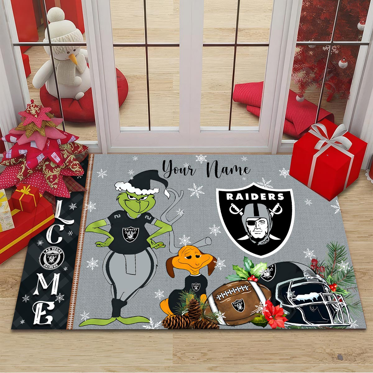 Sportswearmerch Las Vegas Raiders NFL x Grinch Christmas Welcome Football Doormat For Fan
