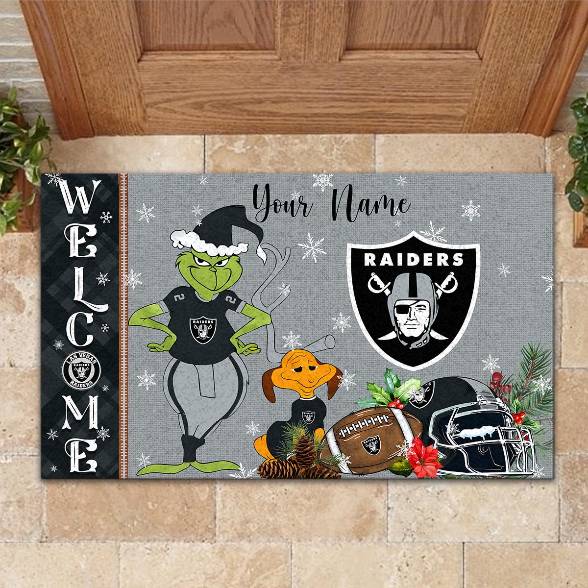 Sportswearmerch Las Vegas Raiders NFL x Grinch Christmas Welcome Football Doormat For Fan