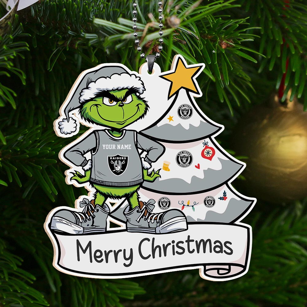 Sportswearmerch Las Vegas Raiders NFL x Grinch Merry Christmas Acrylic Ornament For Fans