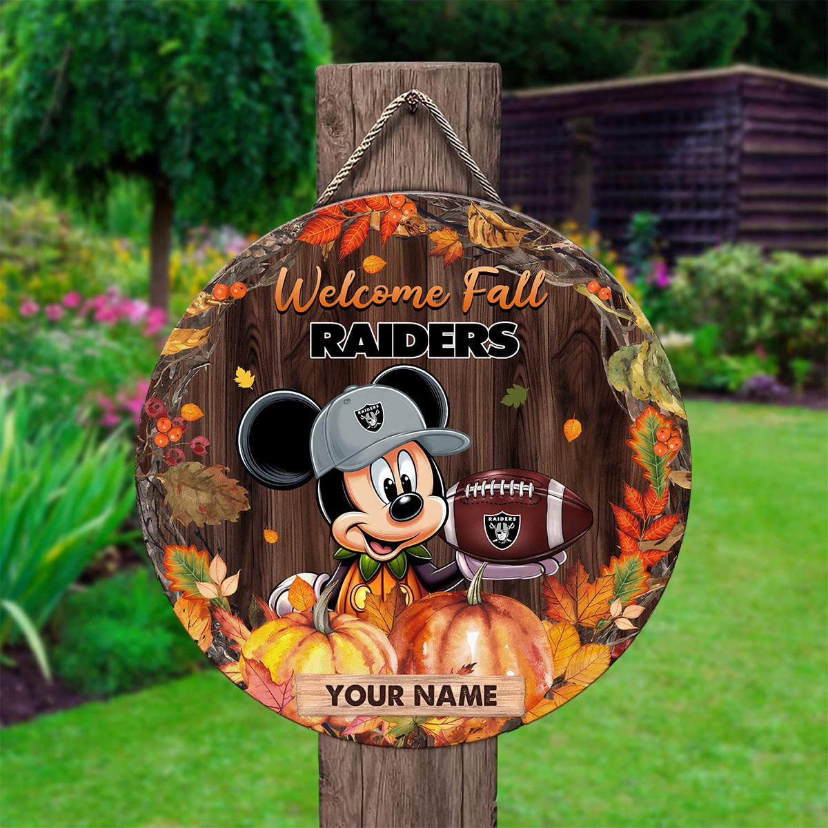 Sportswearmerch Las Vegas Raiders NFL x Mickey Round Wooden Sign For Fan