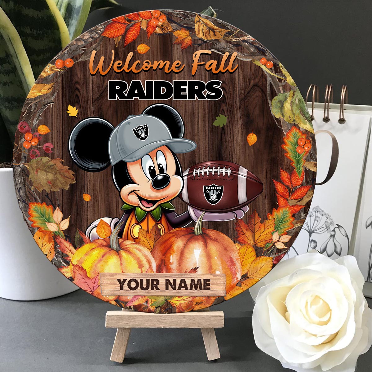 Sportswearmerch Las Vegas Raiders NFL x Mickey Round Wooden Sign For Fan