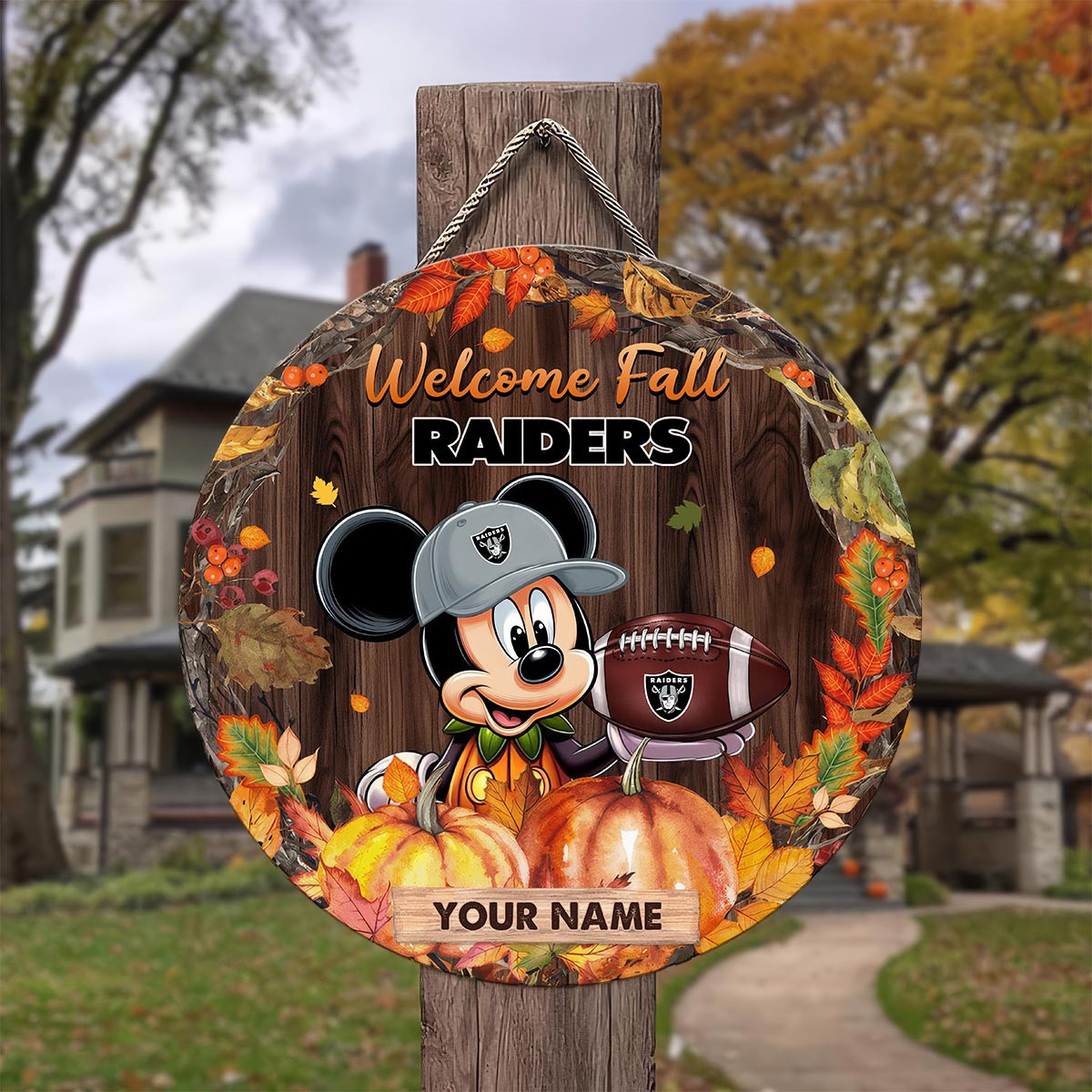 Sportswearmerch Las Vegas Raiders NFL x Mickey Round Wooden Sign For Fan