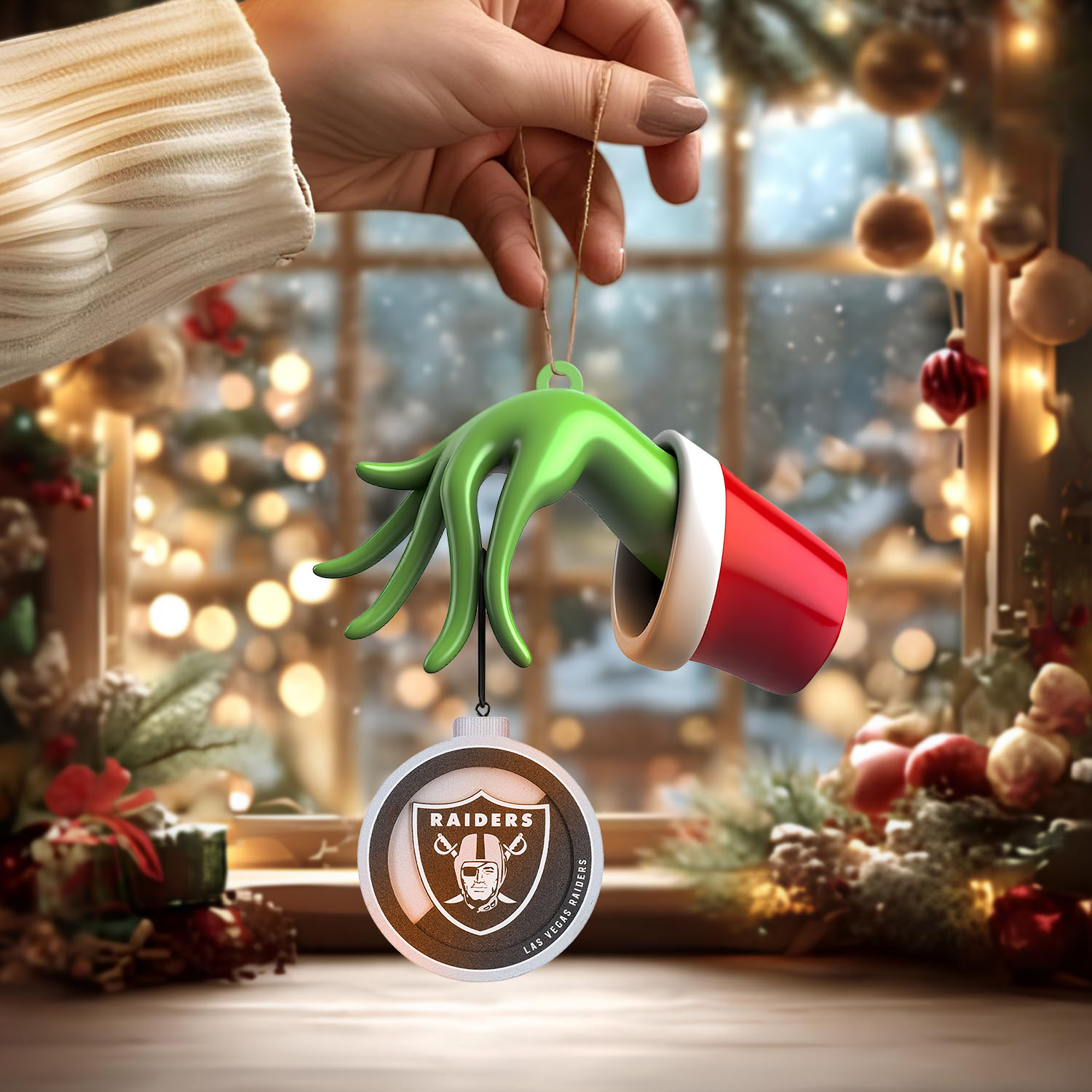Sportswearmerch Las Vegas Raiders NFL x The Grinch Christmas Acrylic Mix Wooden Ornament Gift For Fans