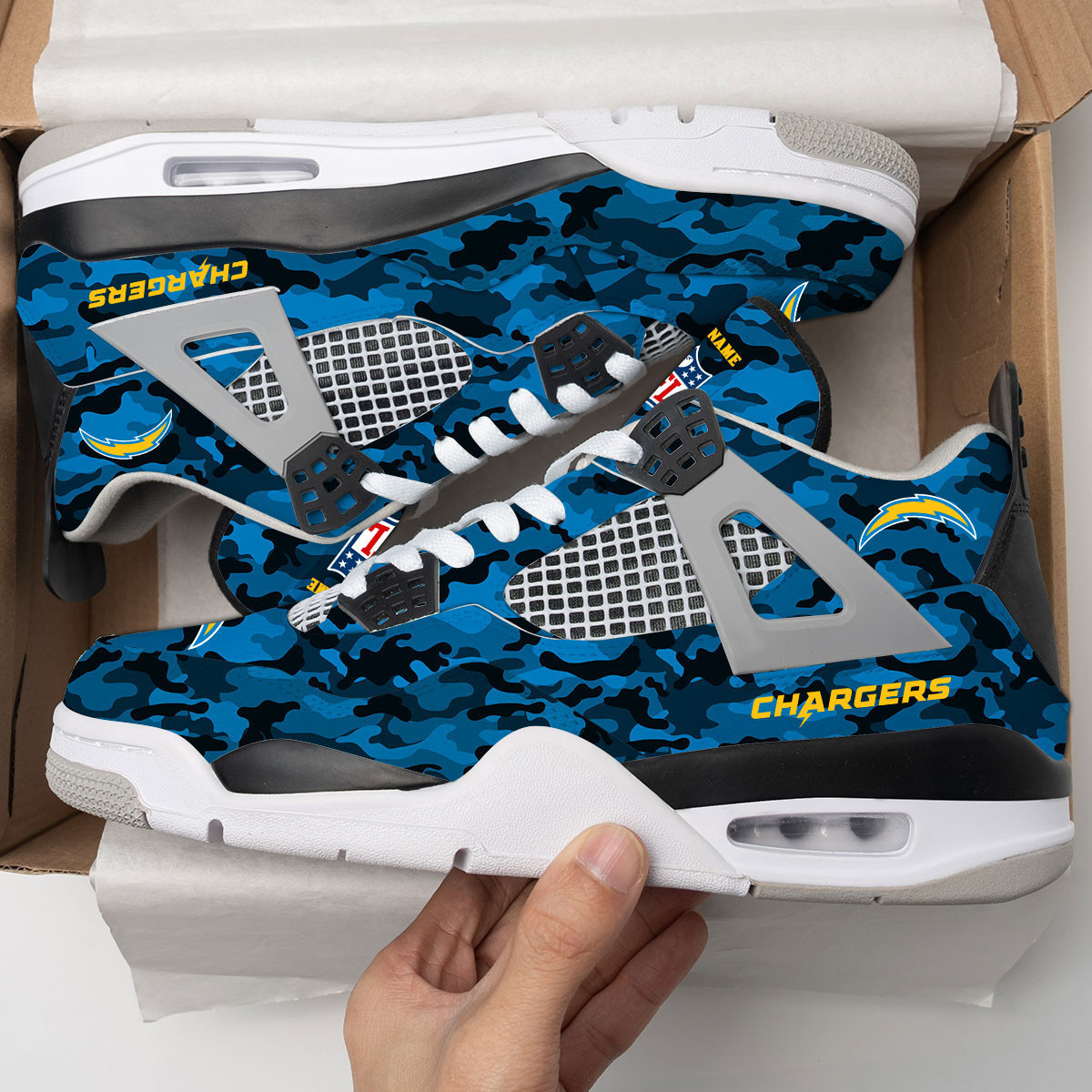 Sportswearmerch Los Angeles Chargers NFL Camo Air Jordan 4 SneakerAJ4 Sneakers Shoes For Men And Women