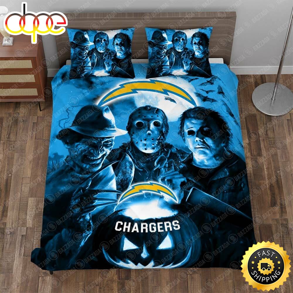 Sportswearmerch Los Angeles Chargers NFL Halloween Blue Night Bedding Set For Fan