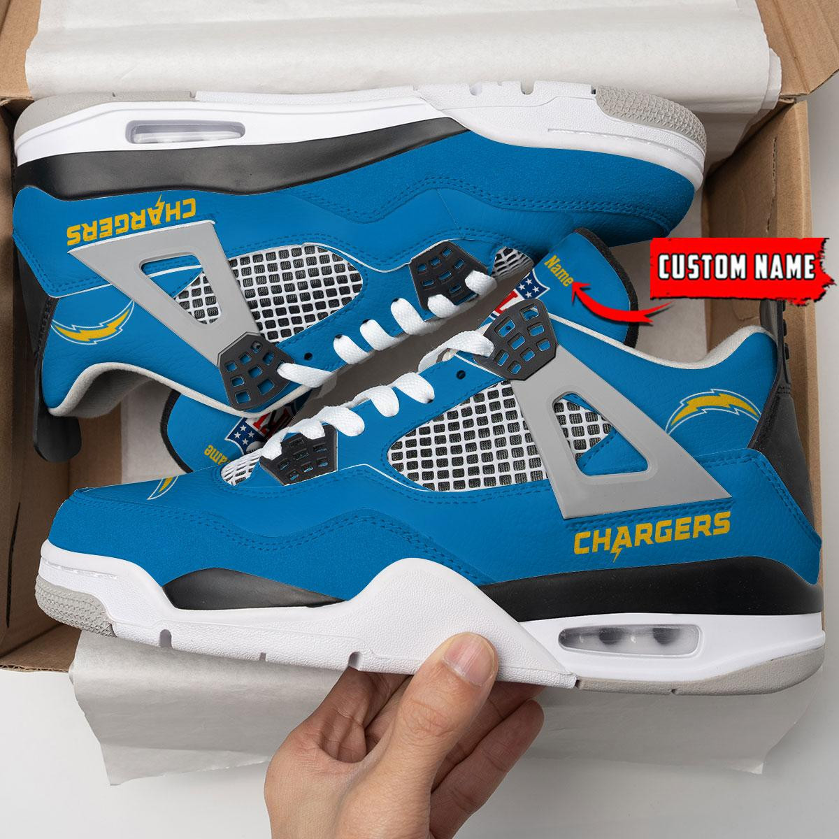 Sportswearmerch Los Angeles Chargers NFL Personalized Air Jordan 4 AJ4 Sneakers Shoes For Men And Women