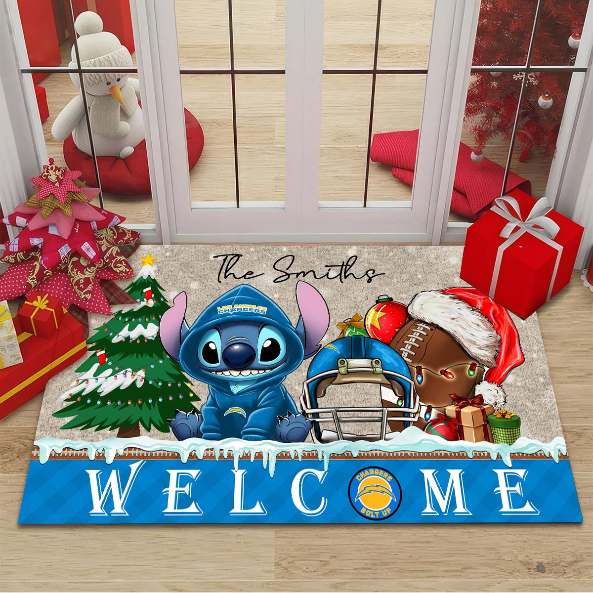 Sportswearmerch Los Angeles Chargers NFL x Cute Stitch Christmas Doormat For Fan