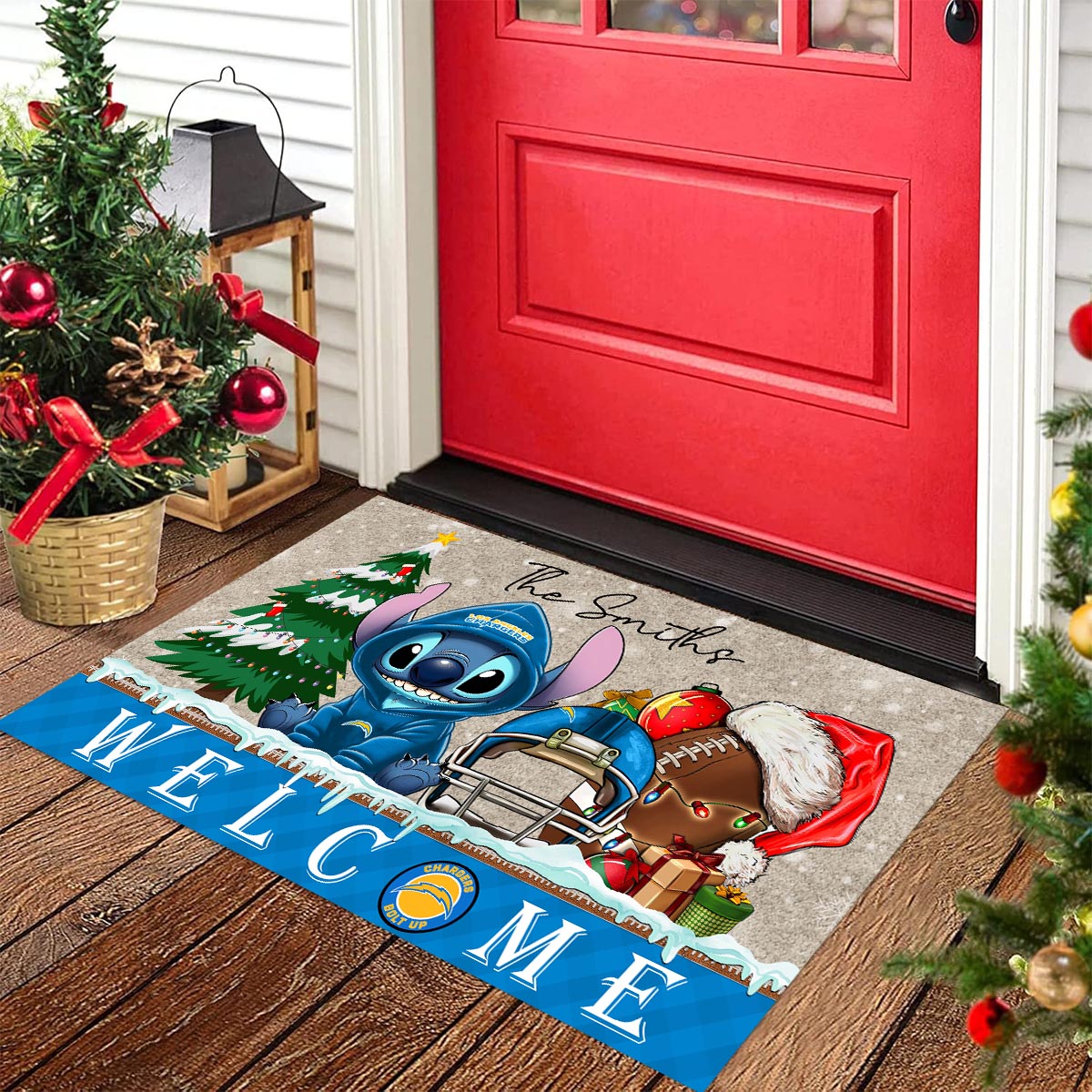 Sportswearmerch Los Angeles Chargers NFL x Cute Stitch Christmas Doormat For Fan