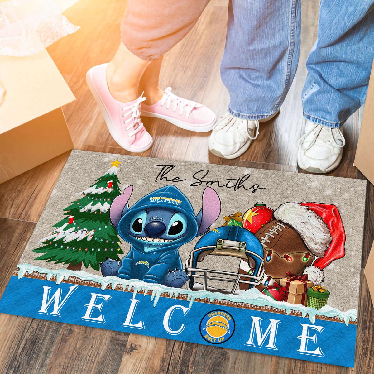 Sportswearmerch Los Angeles Chargers NFL x Cute Stitch Christmas Doormat For Fan