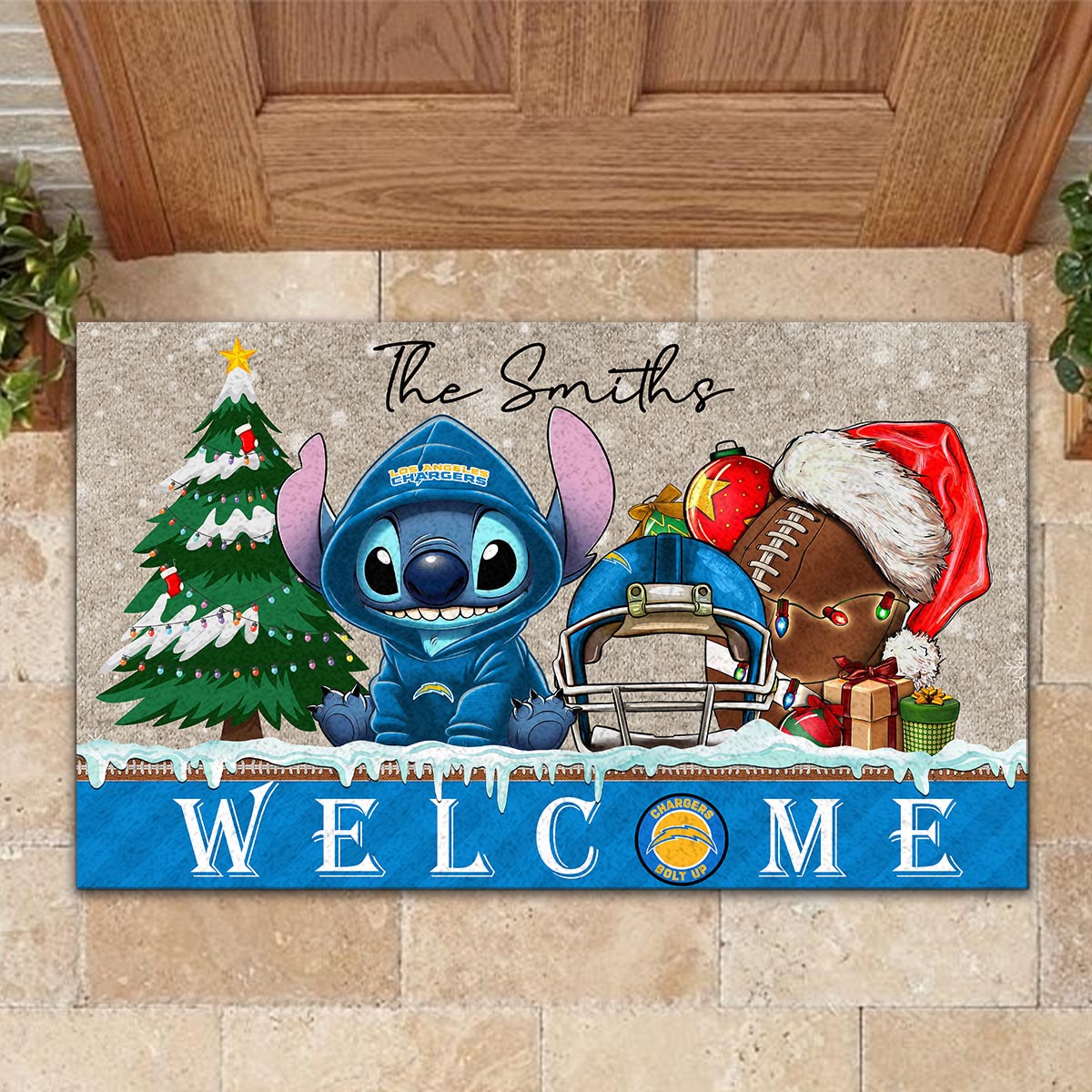 Sportswearmerch Los Angeles Chargers NFL x Cute Stitch Christmas Doormat For Fan