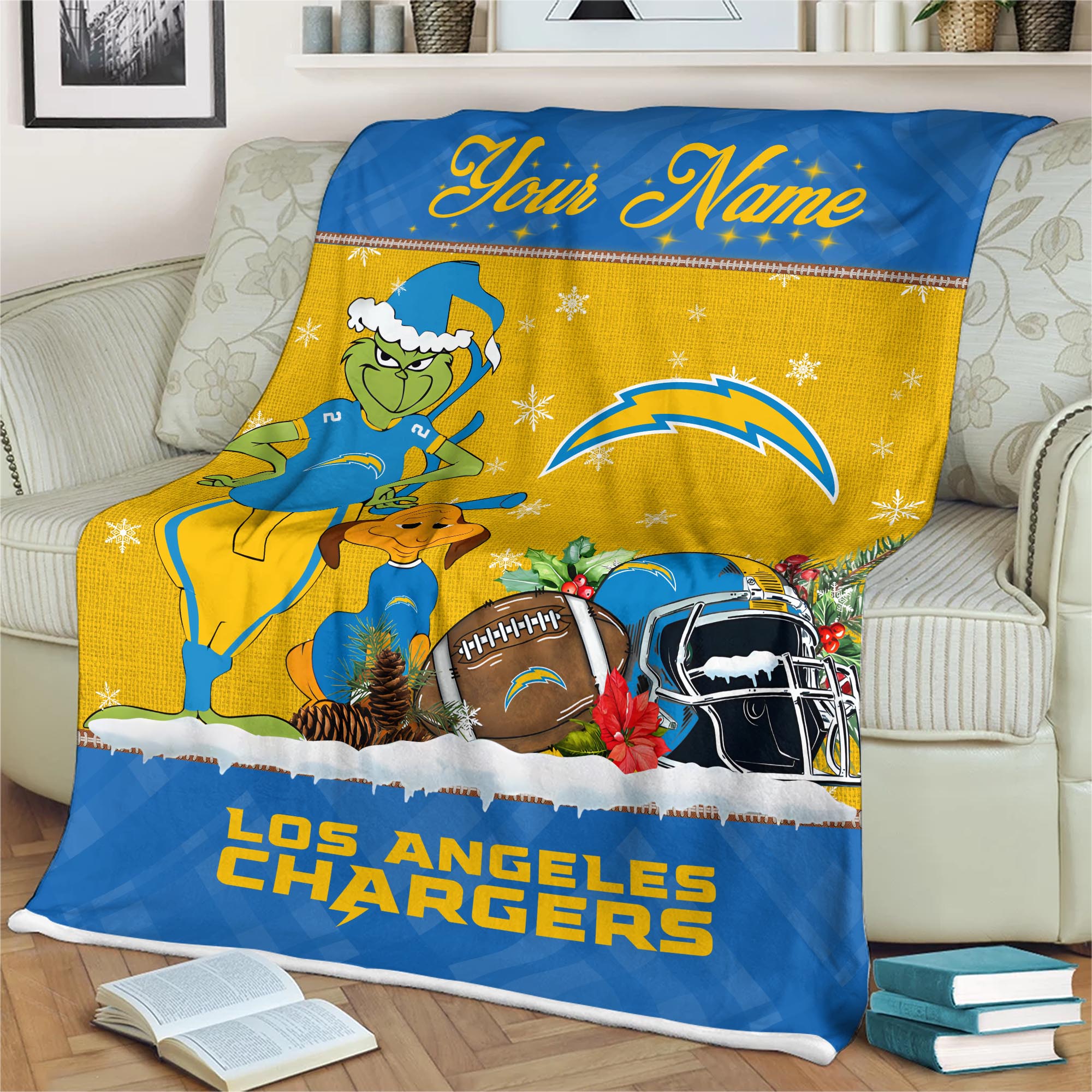 Sportswearmerch Los Angeles Chargers NFL x Grinch Christmas Fleece Blanket For Fan