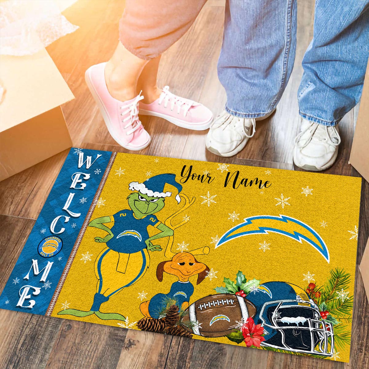Sportswearmerch Los Angeles Chargers NFL x Grinch Christmas Welcome Football Doormat For Fan