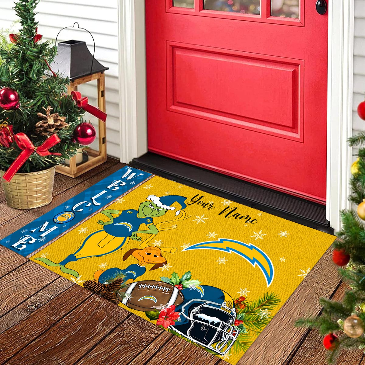 Sportswearmerch Los Angeles Chargers NFL x Grinch Christmas Welcome Football Doormat For Fan