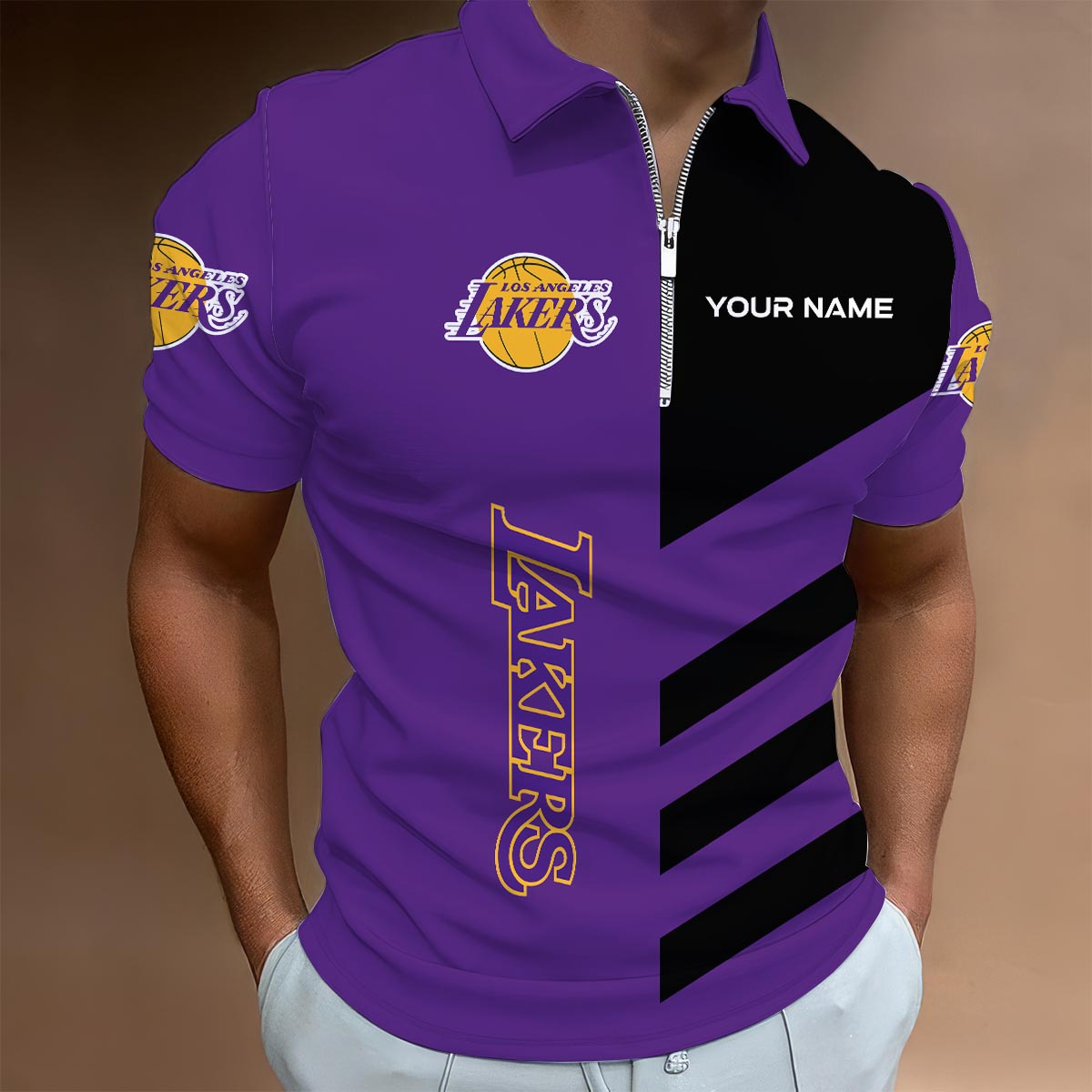 Sportswearmerch Los Angeles Lakers NBA Lapel Zip Polo Shirt For Fan
