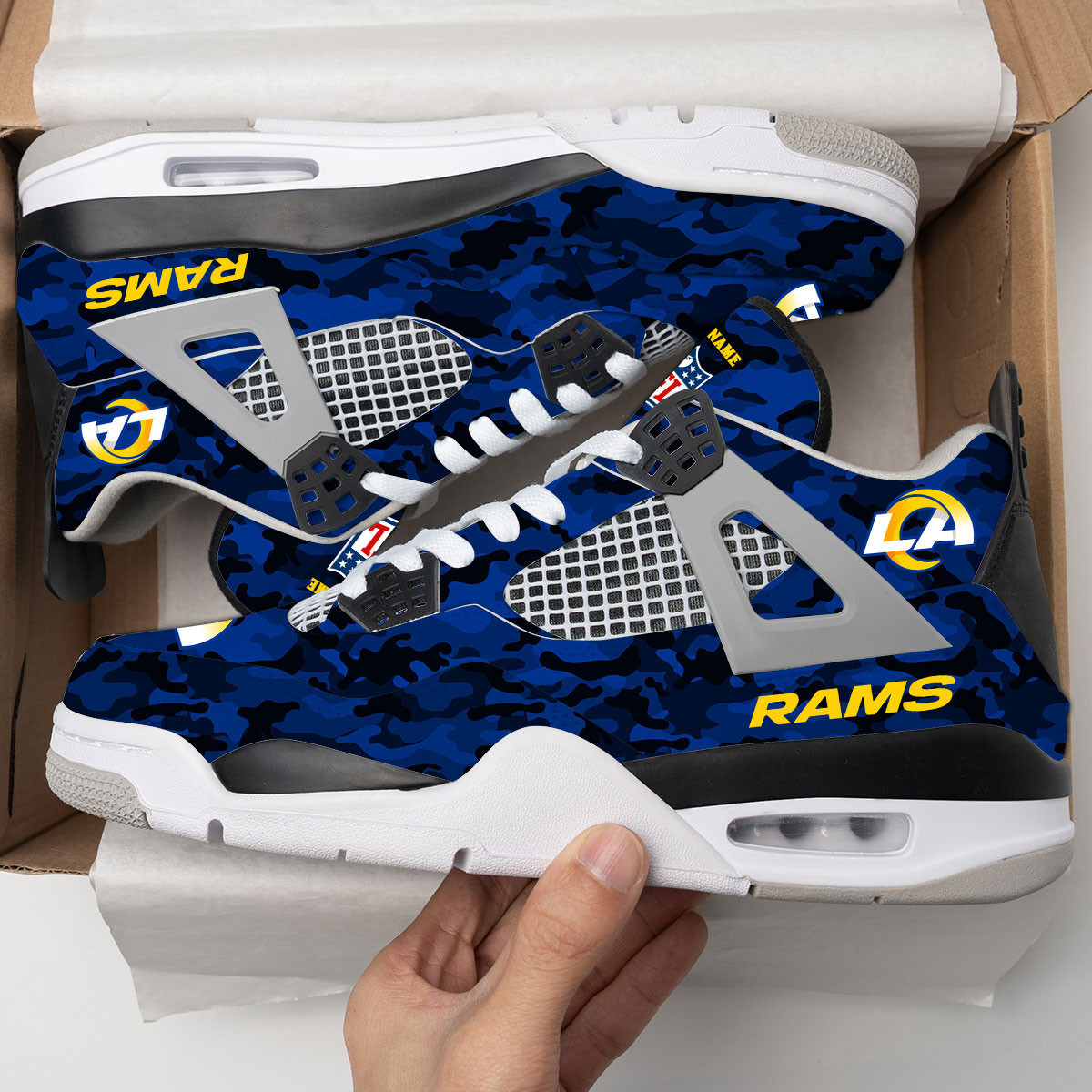 Sportswearmerch Los Angeles Rams NFL Camo Air Jordan 4 SneakerAJ4 Sneakers Shoes For Men And Women