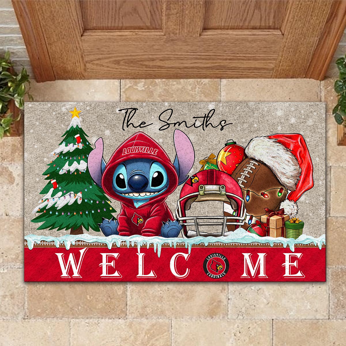 Sportswearmerch Louisville Cardinals NCAA x Cute Stitch Christmas Doormat For Fan