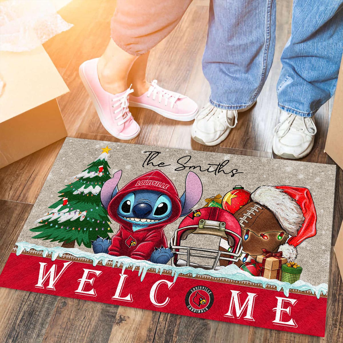 Sportswearmerch Louisville Cardinals NCAA x Cute Stitch Christmas Doormat For Fan