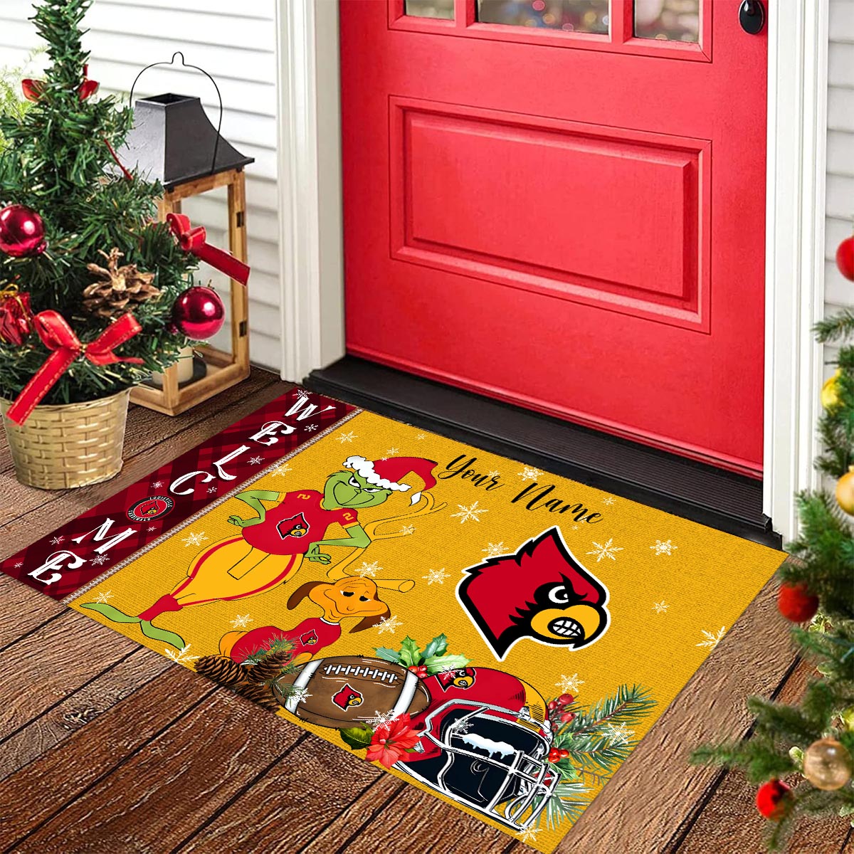 Sportswearmerch Louisville Cardinals NCAA x Grinch Christmas Welcome Football Doormat For Fan