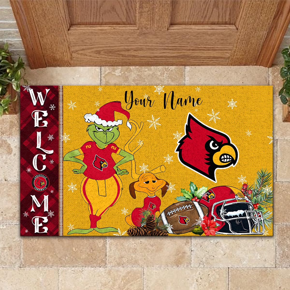 Sportswearmerch Louisville Cardinals NCAA x Grinch Christmas Welcome Football Doormat For Fan