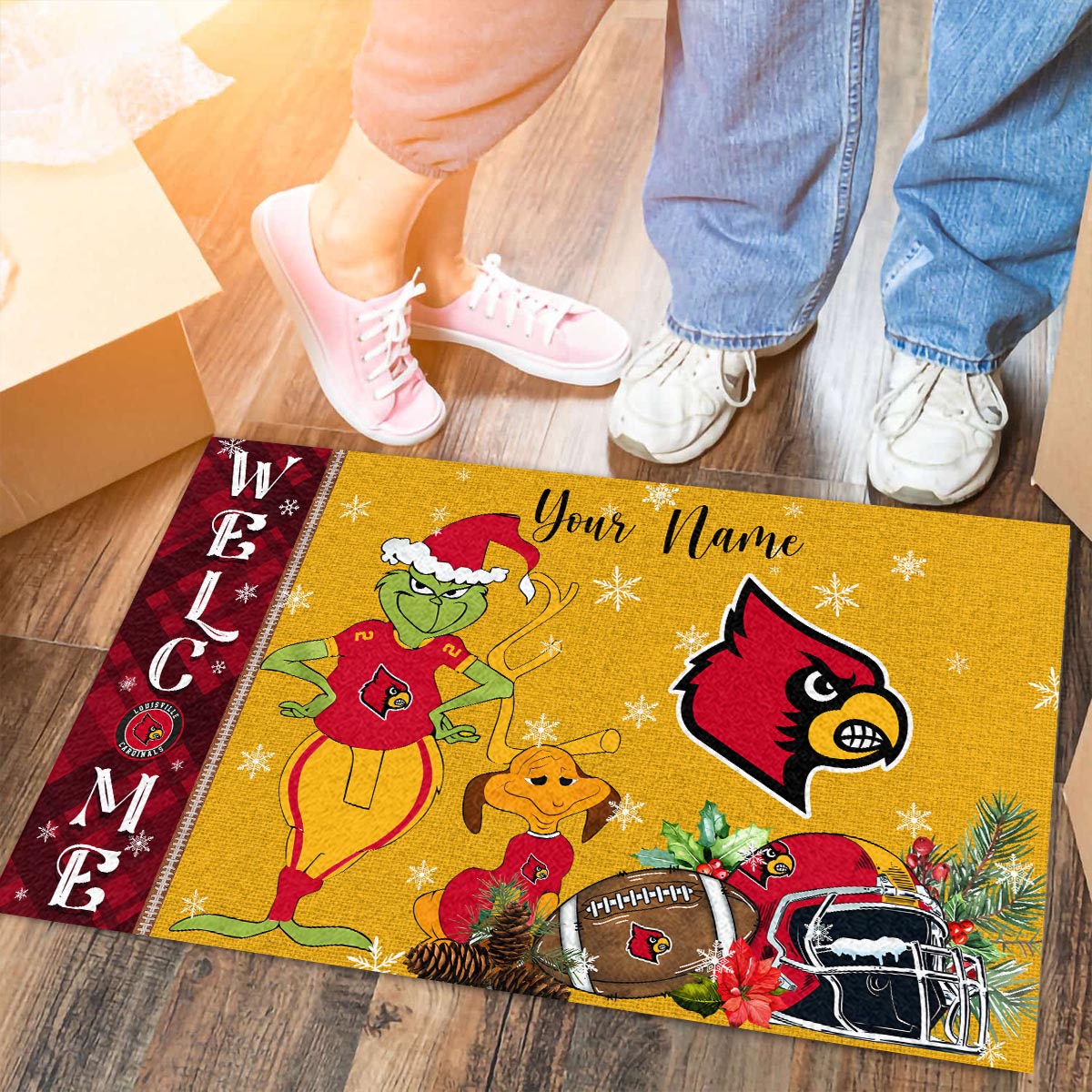 Sportswearmerch Louisville Cardinals NCAA x Grinch Christmas Welcome Football Doormat For Fan