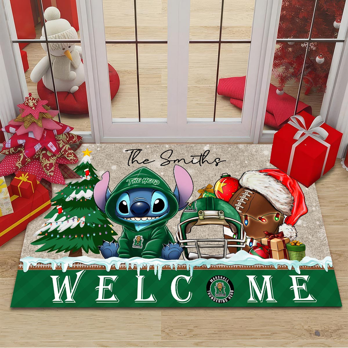 Sportswearmerch Marshall Thundering Herd NCAA x Cute Stitch Christmas Doormat For Fan