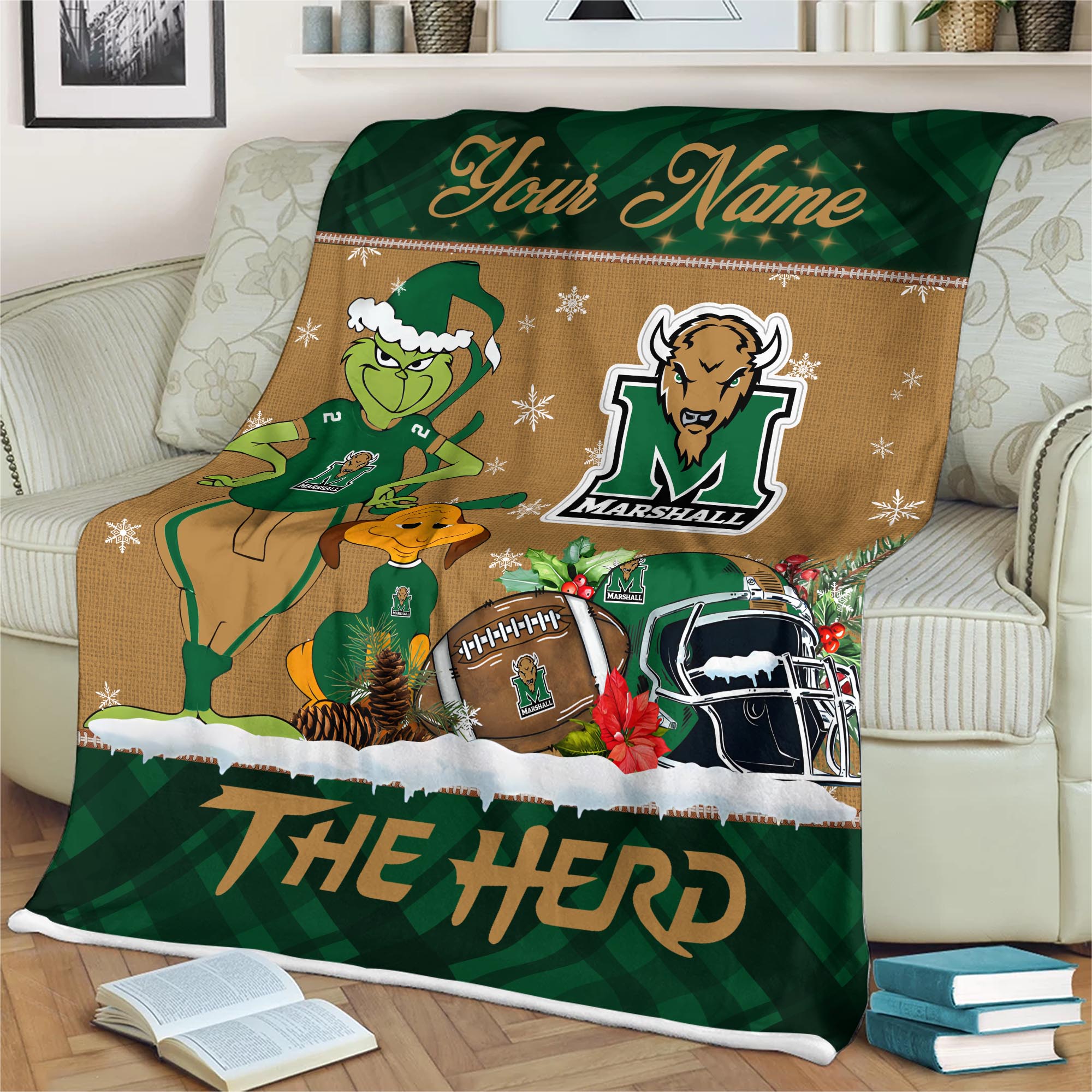 Sportswearmerch Marshall Thundering Herd NCAA x Grinch Christmas Fleece Blanket For Fan