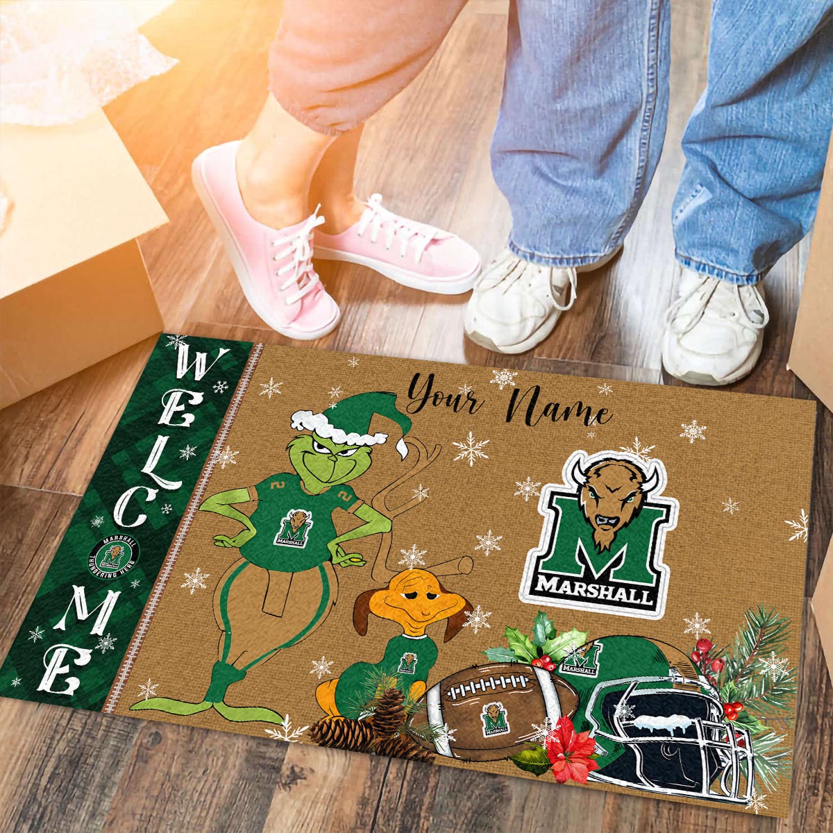 Sportswearmerch Marshall Thundering Herd NCAA x Grinch Christmas Welcome Football Doormat For Fan