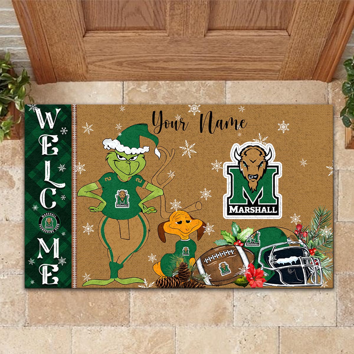 Sportswearmerch Marshall Thundering Herd NCAA x Grinch Christmas Welcome Football Doormat For Fan
