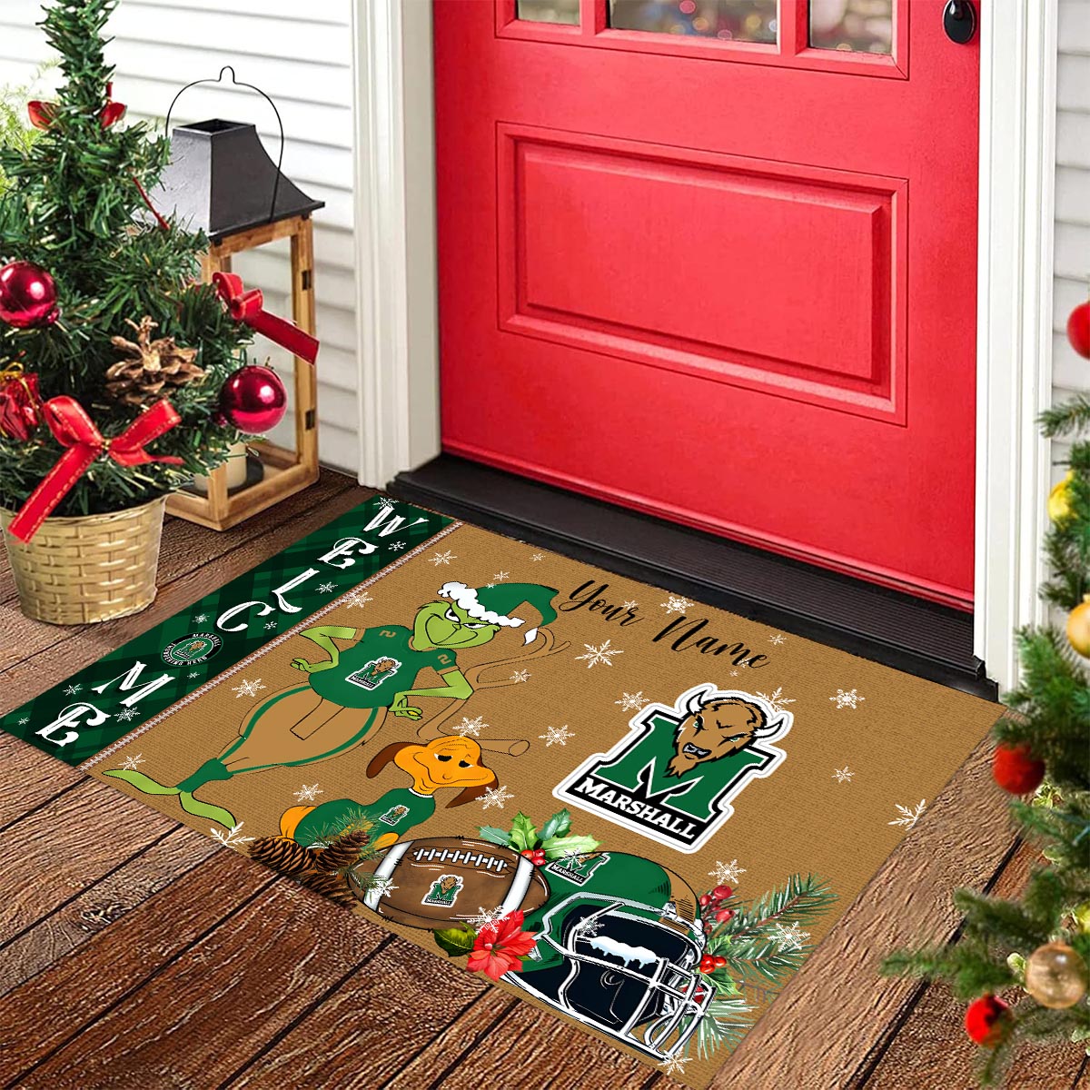 Sportswearmerch Marshall Thundering Herd NCAA x Grinch Christmas Welcome Football Doormat For Fan