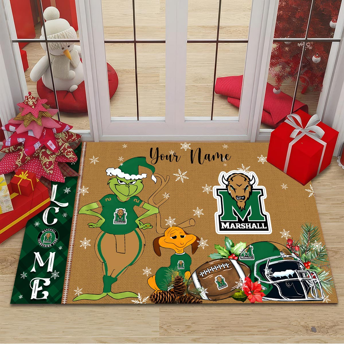 Sportswearmerch Marshall Thundering Herd NCAA x Grinch Christmas Welcome Football Doormat For Fan