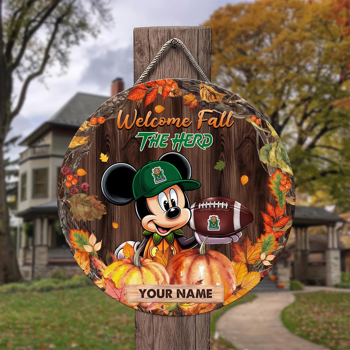 Sportswearmerch Marshall Thundering Herd NCAA x Mickey Round Wooden Sign For Fan