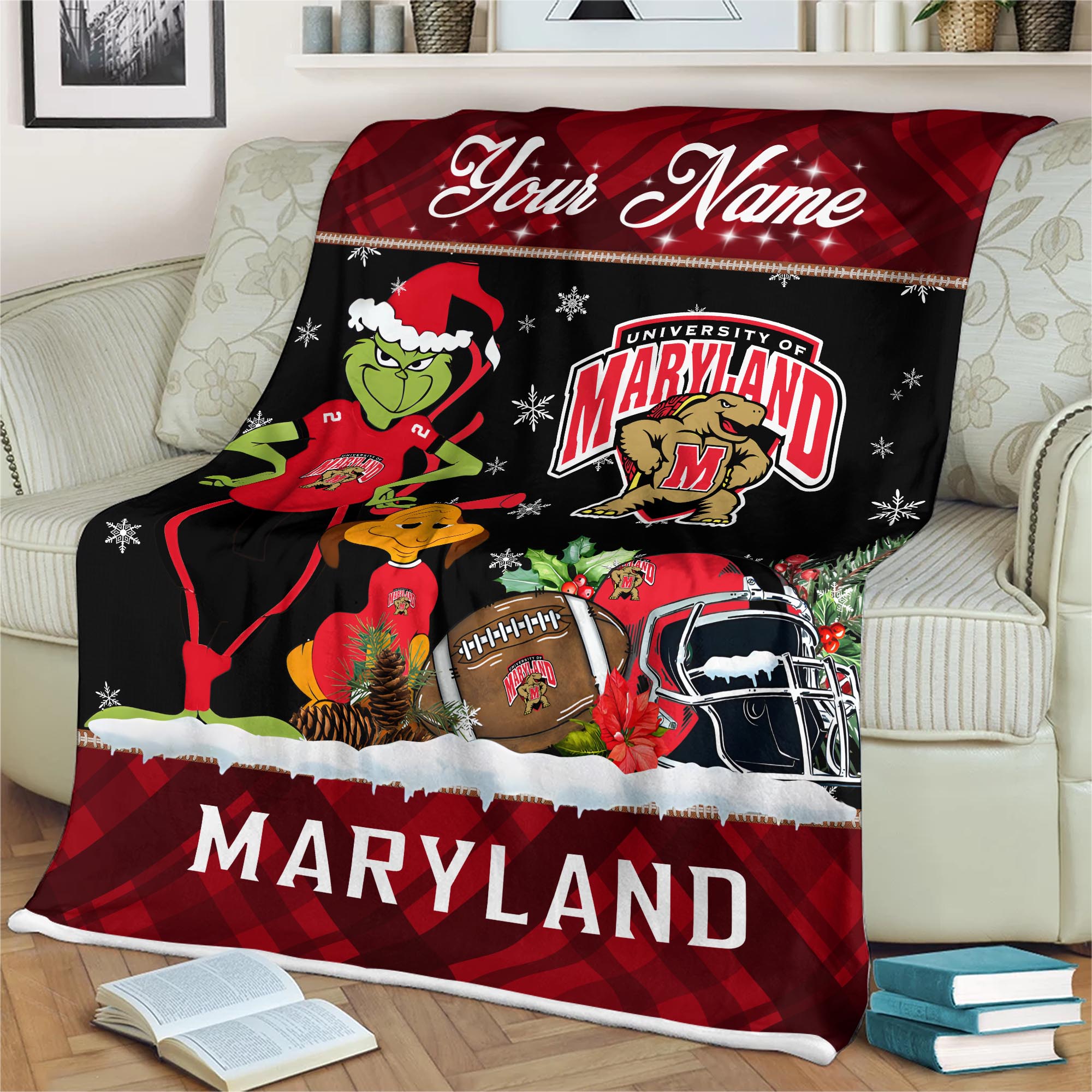 Sportswearmerch Maryland Terrapins NCAA x Grinch Christmas Fleece Blanket For Fan