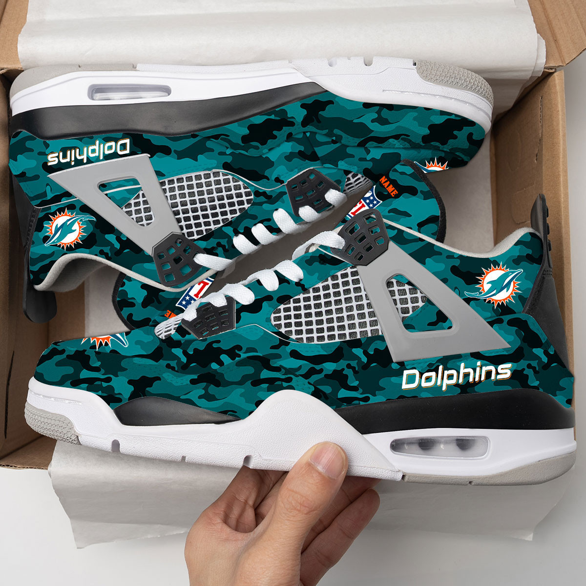 Sportswearmerch Miami Dolphins NFL Camo Air Jordan 4 SneakerAJ4 Sneakers Shoes For Men And Women
