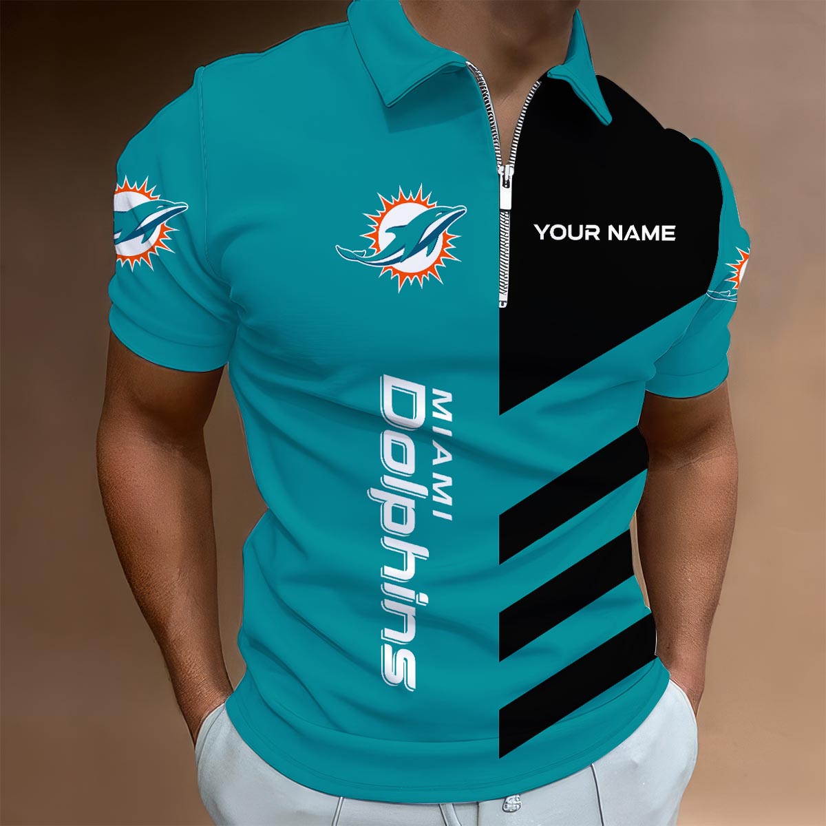 Sportswearmerch Miami Dolphins NFL Lapel Zip Polo Shirt For Fan