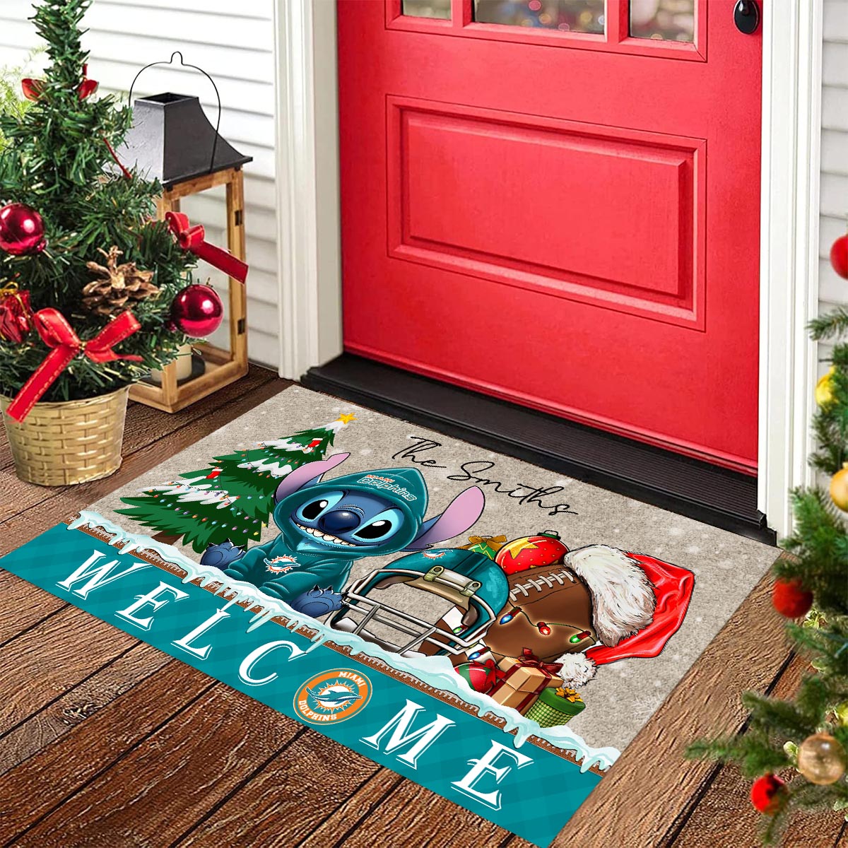 Sportswearmerch Miami Dolphins NFL x Cute Stitch Christmas Doormat For Fan