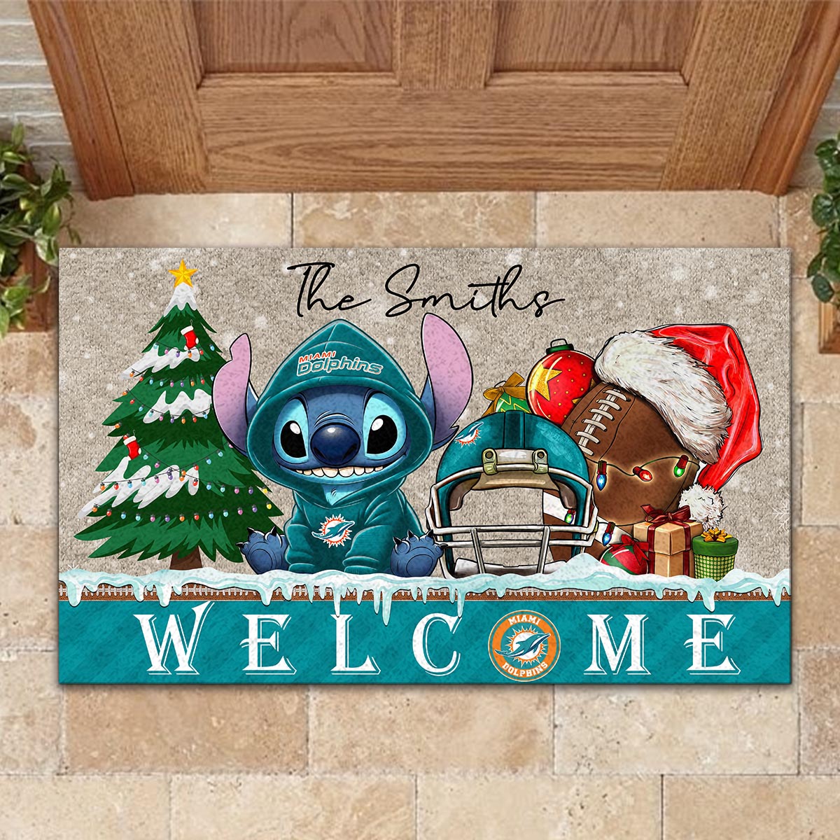 Sportswearmerch Miami Dolphins NFL x Cute Stitch Christmas Doormat For Fan