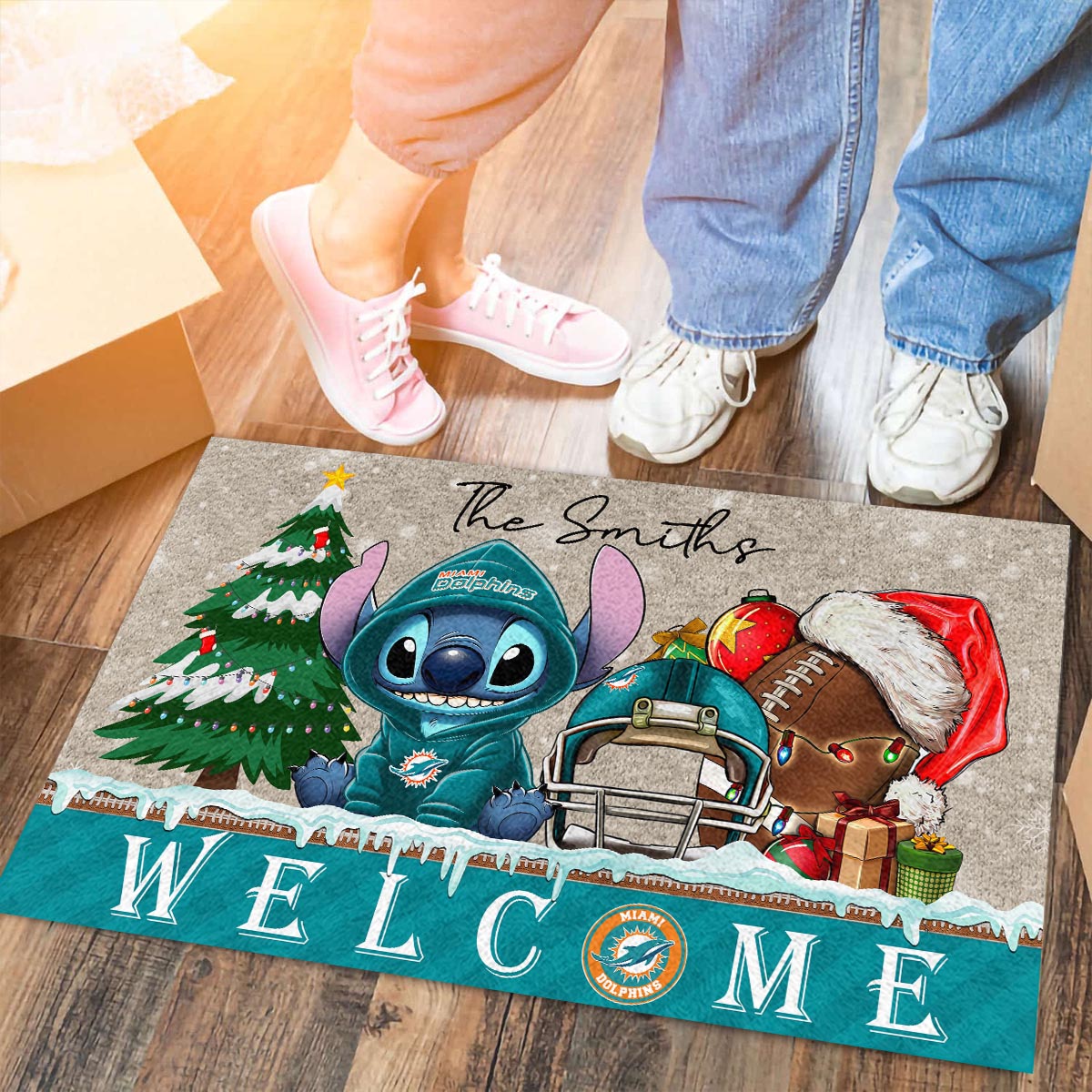 Sportswearmerch Miami Dolphins NFL x Cute Stitch Christmas Doormat For Fan