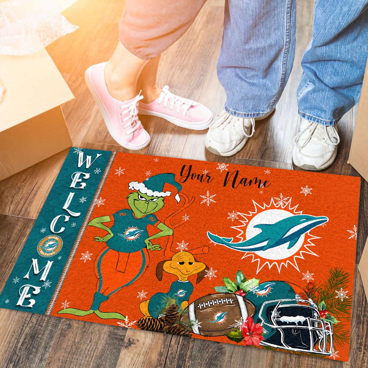 Sportswearmerch Miami Dolphins NFL x Grinch Christmas Welcome Football Doormat For Fan