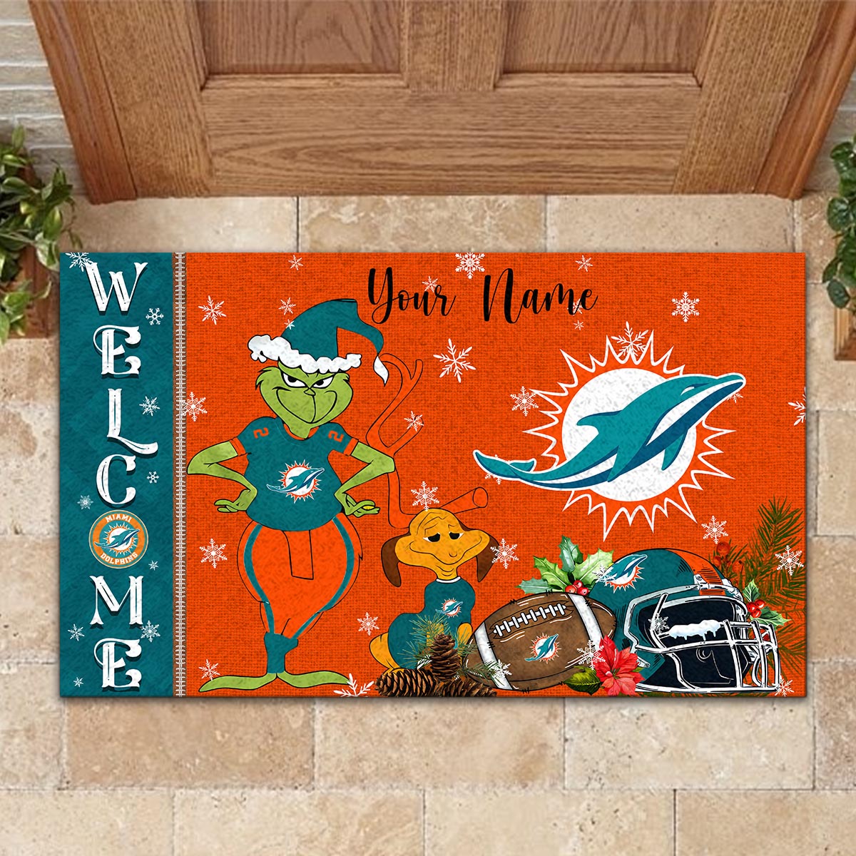 Sportswearmerch Miami Dolphins NFL x Grinch Christmas Welcome Football Doormat For Fan