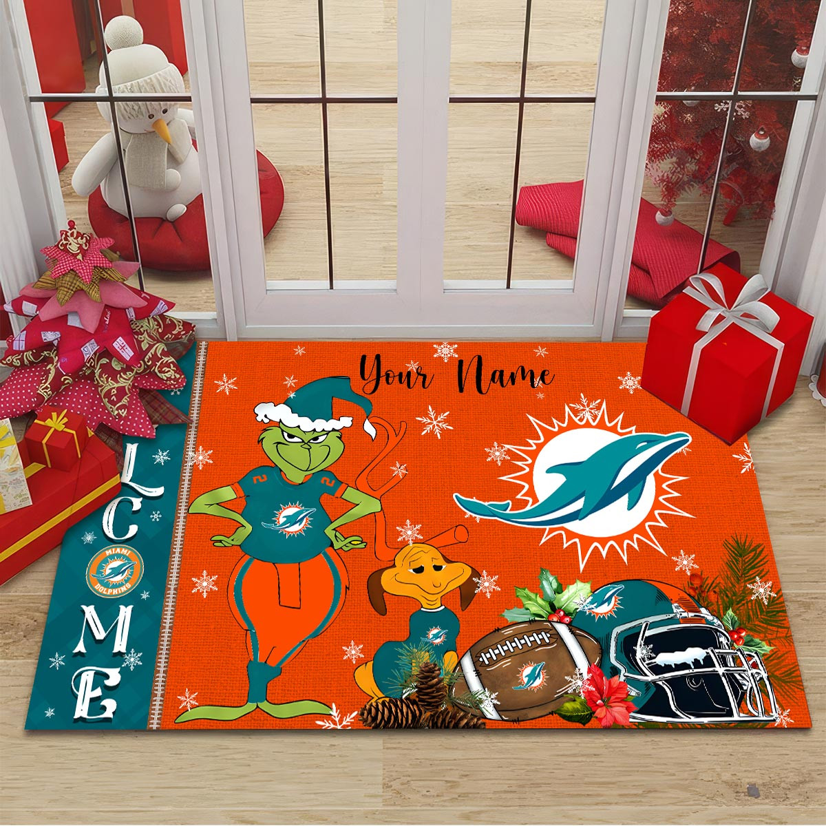 Sportswearmerch Miami Dolphins NFL x Grinch Christmas Welcome Football Doormat For Fan